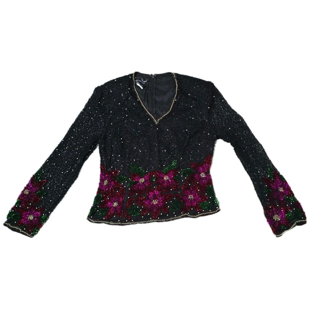Vintage Laurence Kazar Black Beaded Sequin Floral Top Long Sheer Sleeve(E)